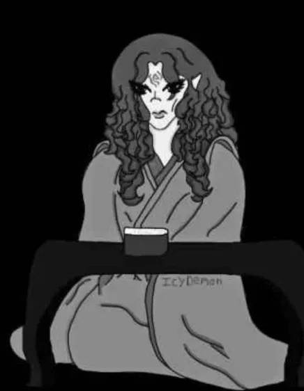 a black and white illustration of Tianlang-Jun sitting down at a table on his knees, looking tired and sad. There is a bowl in front of him that he is not touching.