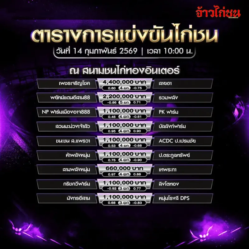 โปรแกรมไก่ชน สนามชนไก่ทองอินเตอร์ วันเสาร์ที่ 14 กุมภาพันธ์ 2569 เวลา 10:00 น.