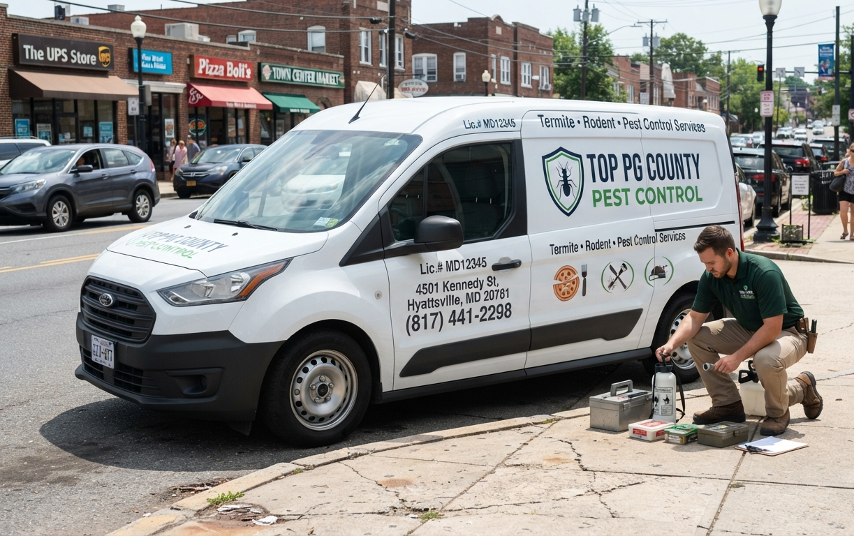 Pest control service vehicle on site