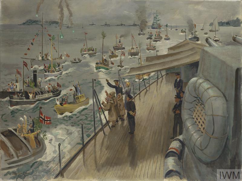 El rey Haakon VII y su familia llegan de vuelta a Oslo, siendo recibidos por todo el pueblo noruego, a bordo del HMS Norfolk