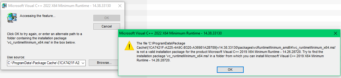 Просит MS Visual C   2019 X64 Minimum Runtime - 14.26.28720
