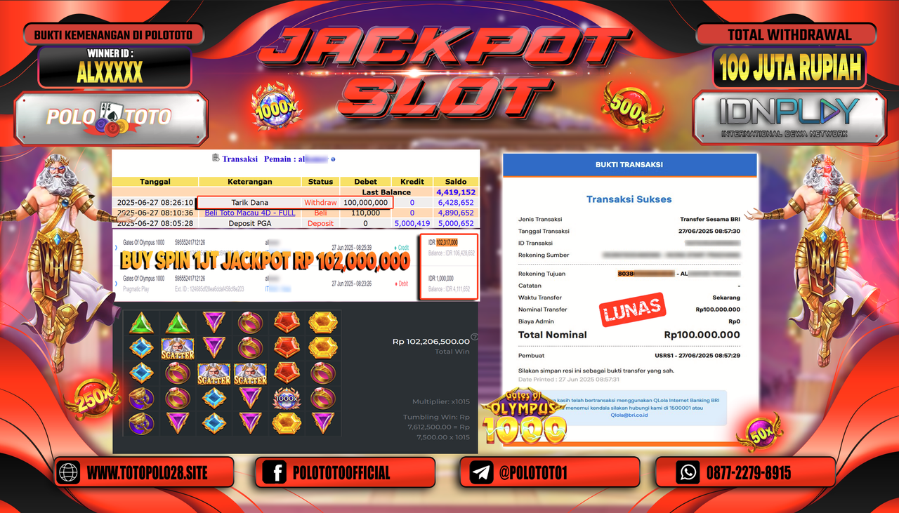 POLOTOTO JACKPOT SLOT GATES OF OLYMPUS 1000 Rp.100.000.000,-