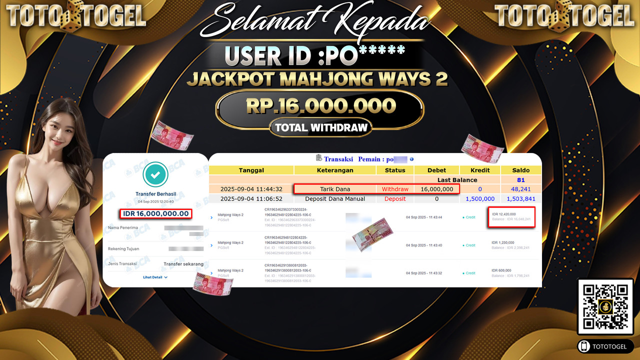 Bukti Pembayaran Jackpot Permainan Slot Mahjong Ways 2 ID:PO***** LUNAS