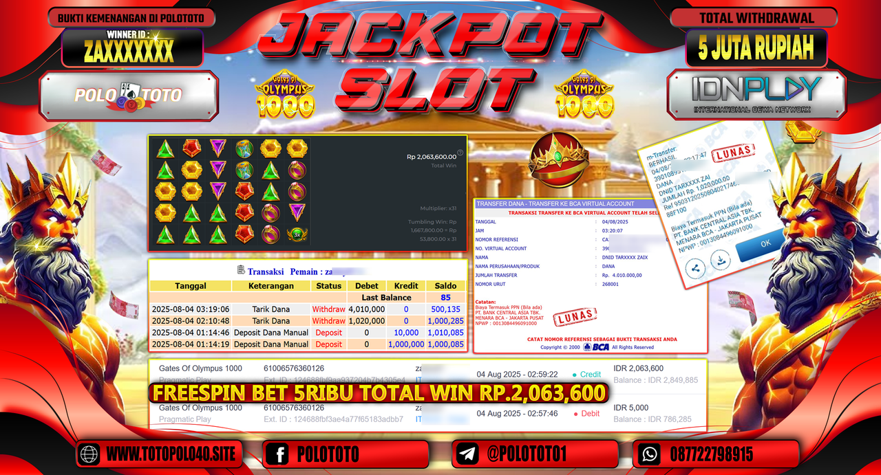 POLOTOTO JACKPOT SLOT GATES OF OLYMPUS 1000 Rp.5.000.000,-LUNAS