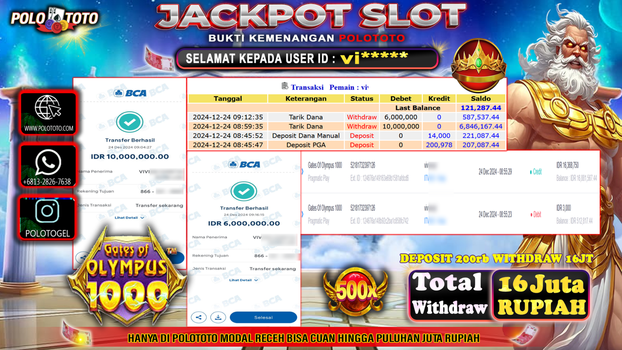 POLOTOTO JACKPOT SLOT GATES OF OLYMPUS 1000 Rp.16,000.000,-