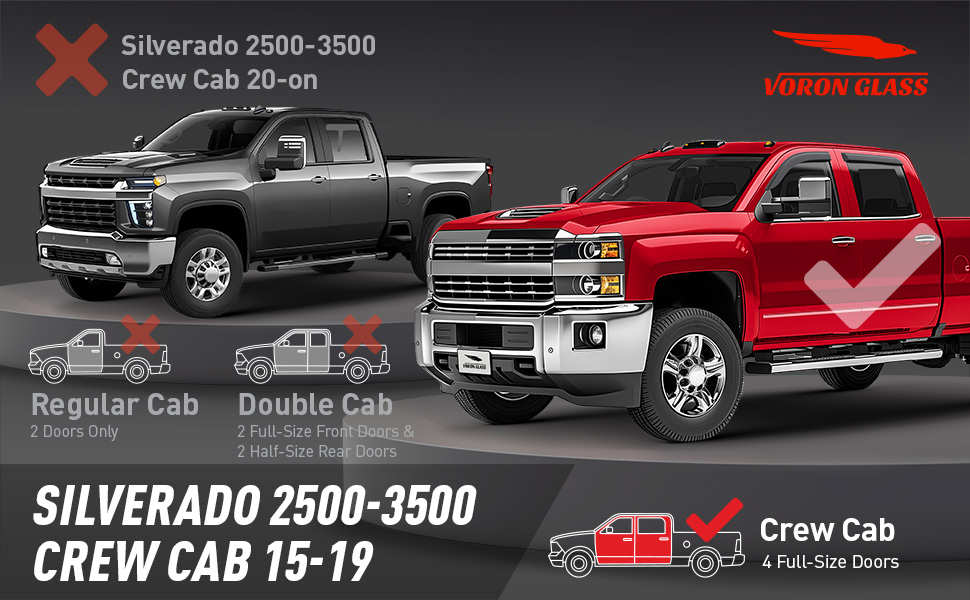Rain Guards For 2015-2019 Chevy Silverado 2500/3500 Crew Cab – Dark Smoke, 4-Piece, Tape-On