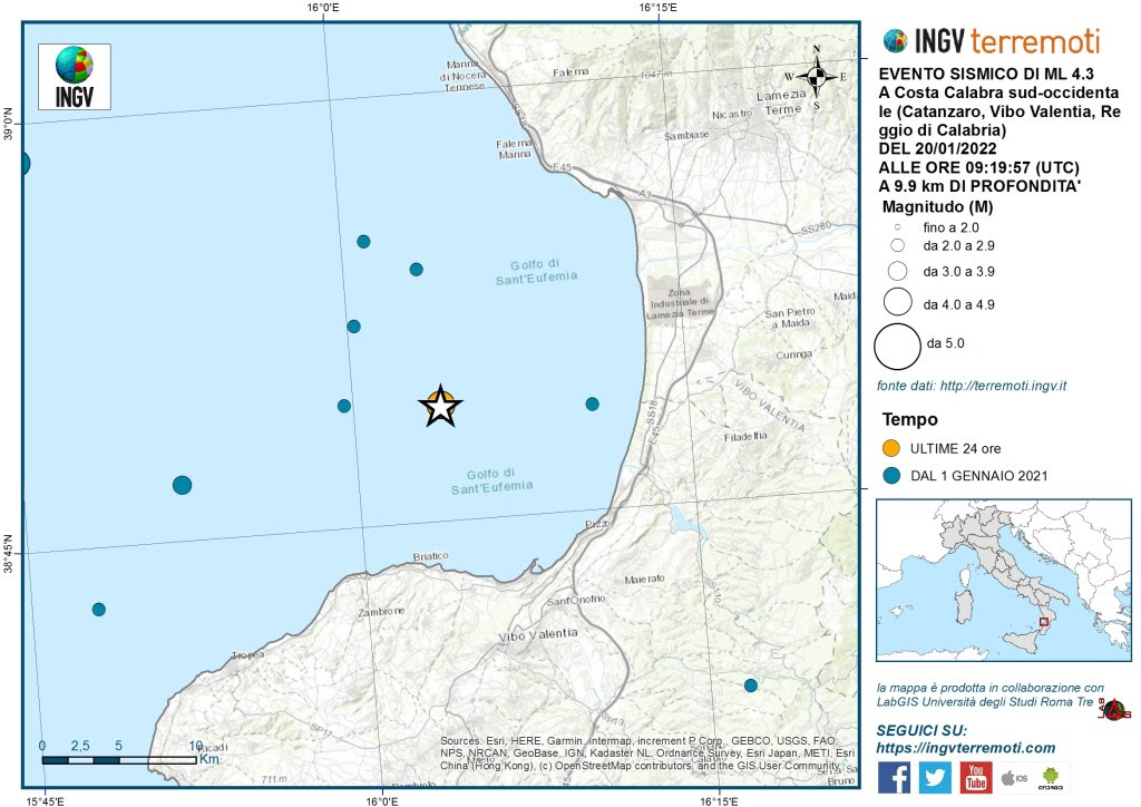 Terremoto Oggi Calabria: Sisma M4,3 epicentro 16 Km Vibo Valentia.
