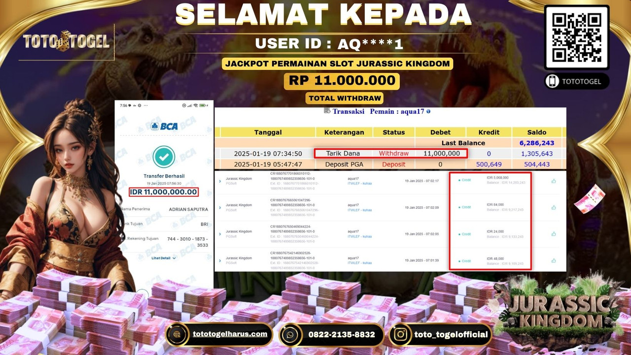 Bukti Pembayaran Jackpot  Permainan Slot Jurassic Kingdom  :AQ****1  LUNAS