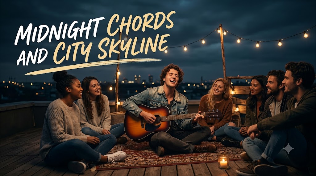 AI-generated example result for the youtube-thumbnail prompt: Midnight Chords Rooftop Thumbnail – Acoustic Guitar & City Skyline Design AI YouTube Thumbnail Prompt