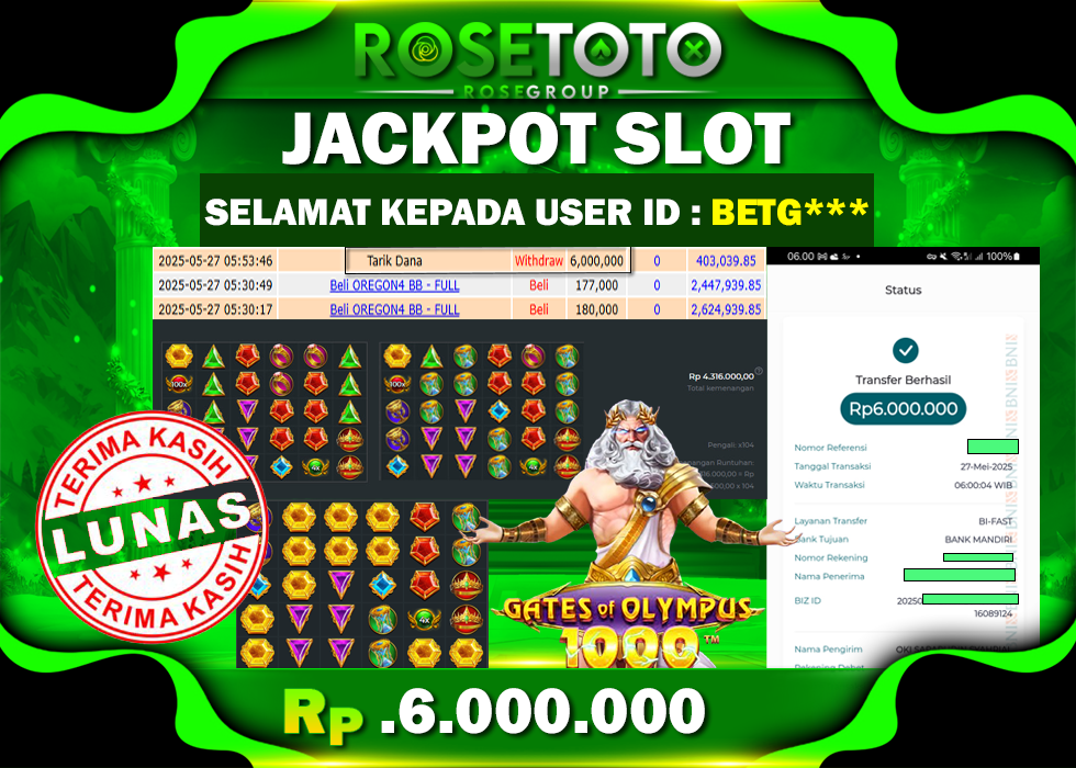 ROSETOTO JACKPOT SLOT Gates Of Olympus 1000 Rp.6.000.000.,- LUNAS