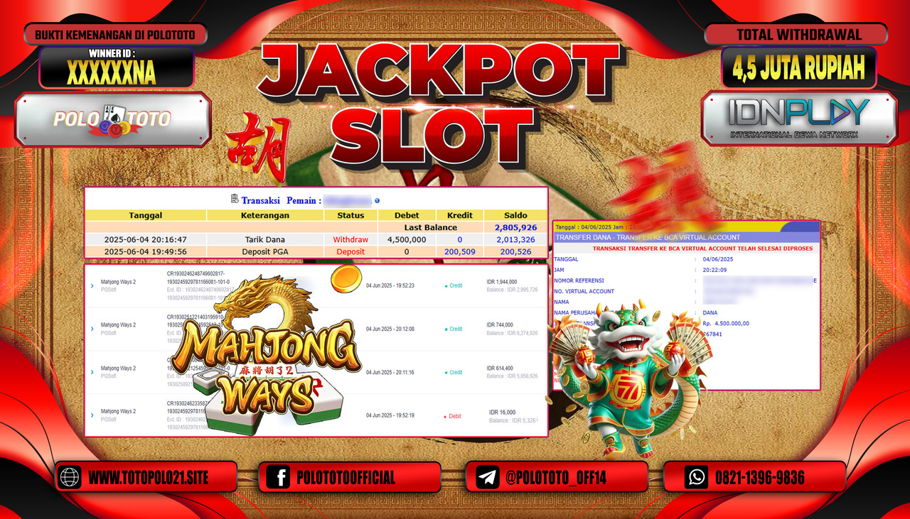 POLOTOTO JACKPOT SLOT MAHJONG WAYS 2 Rp.4.500.000,-