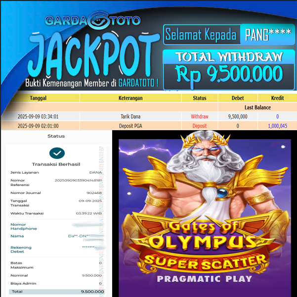 JACKPOT DI PERMAINAN SLOT PRAGMATIC PLAY GATES OF OLYMPUS SUPER SCATTER WD Rp9.500.000