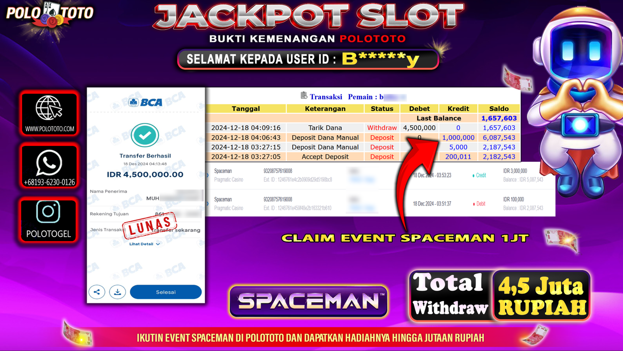 POLOTOTO JACKPOT SLOT SPACEMAN Rp.4,500.000,-