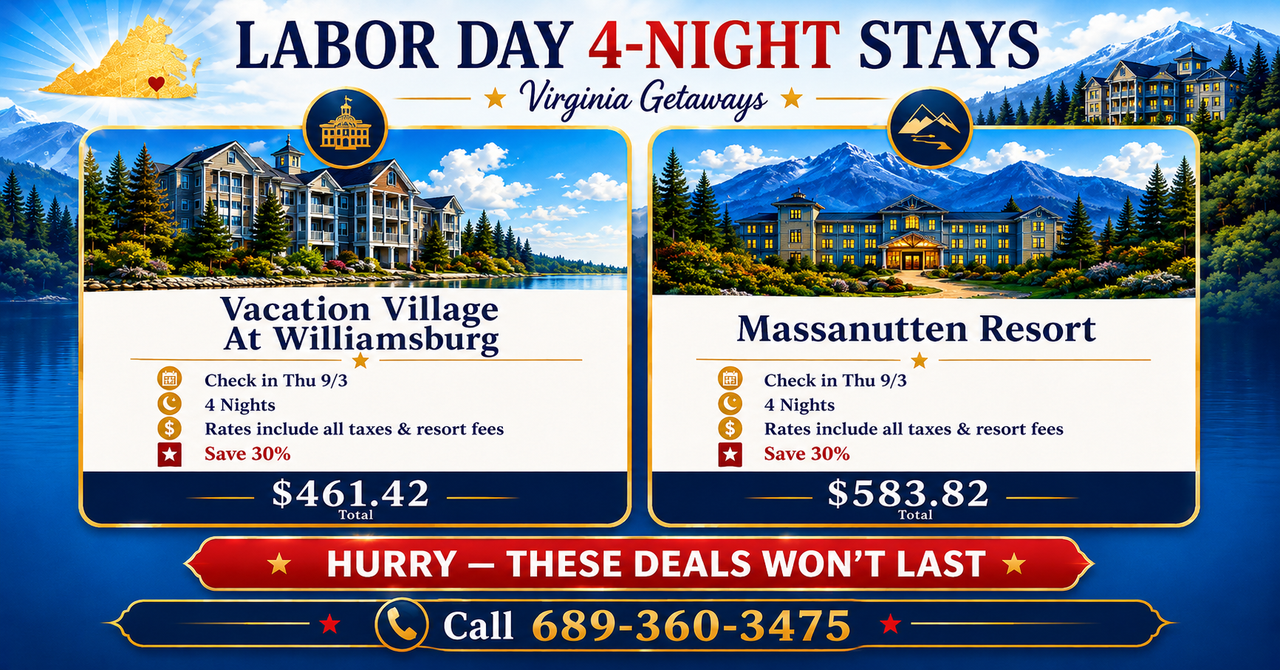 Labor Day 4-night Virginia getaway deals at Vacation Village Williamsburg and Massanutten Resort
