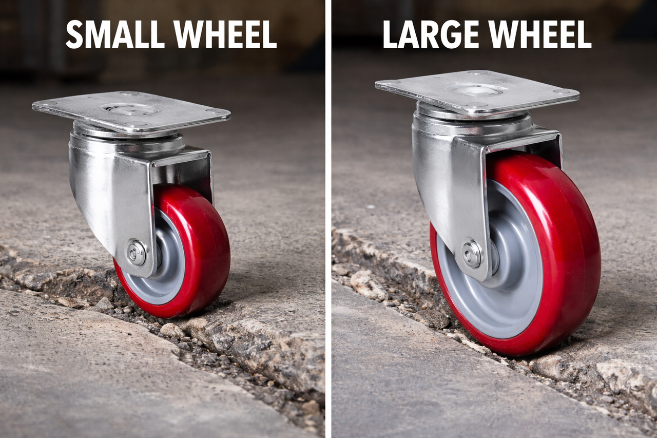 Small versus large wheel on uneven industrial floor