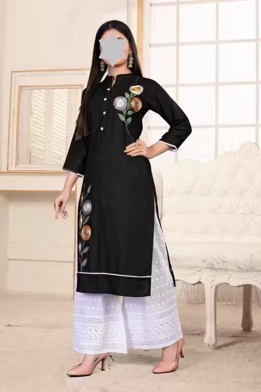 Women Rayon Black Palazzos Kurta Set Color 1 (KS180)