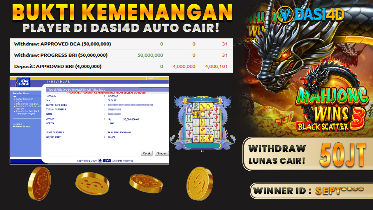 BUKTI KEMENANGAN 22 MEI 2025 DI MAHJONG WINS 3 BLACK SCATTER WD 50 JUTA