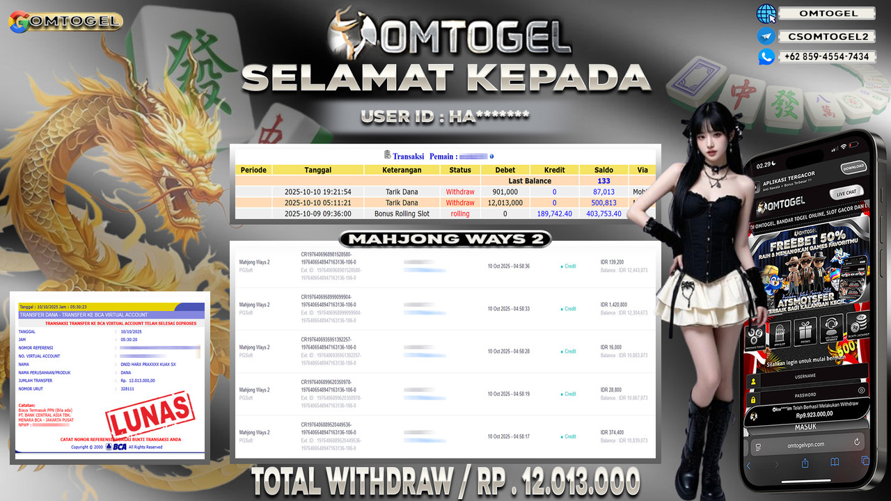 OMTOGEL JACKPOT PGSOFT MAHJONG WAYS 2 12 JUTA DI BAYAR LUNAS ,-