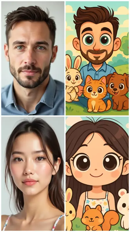 Anime cartoon AI edit before and after