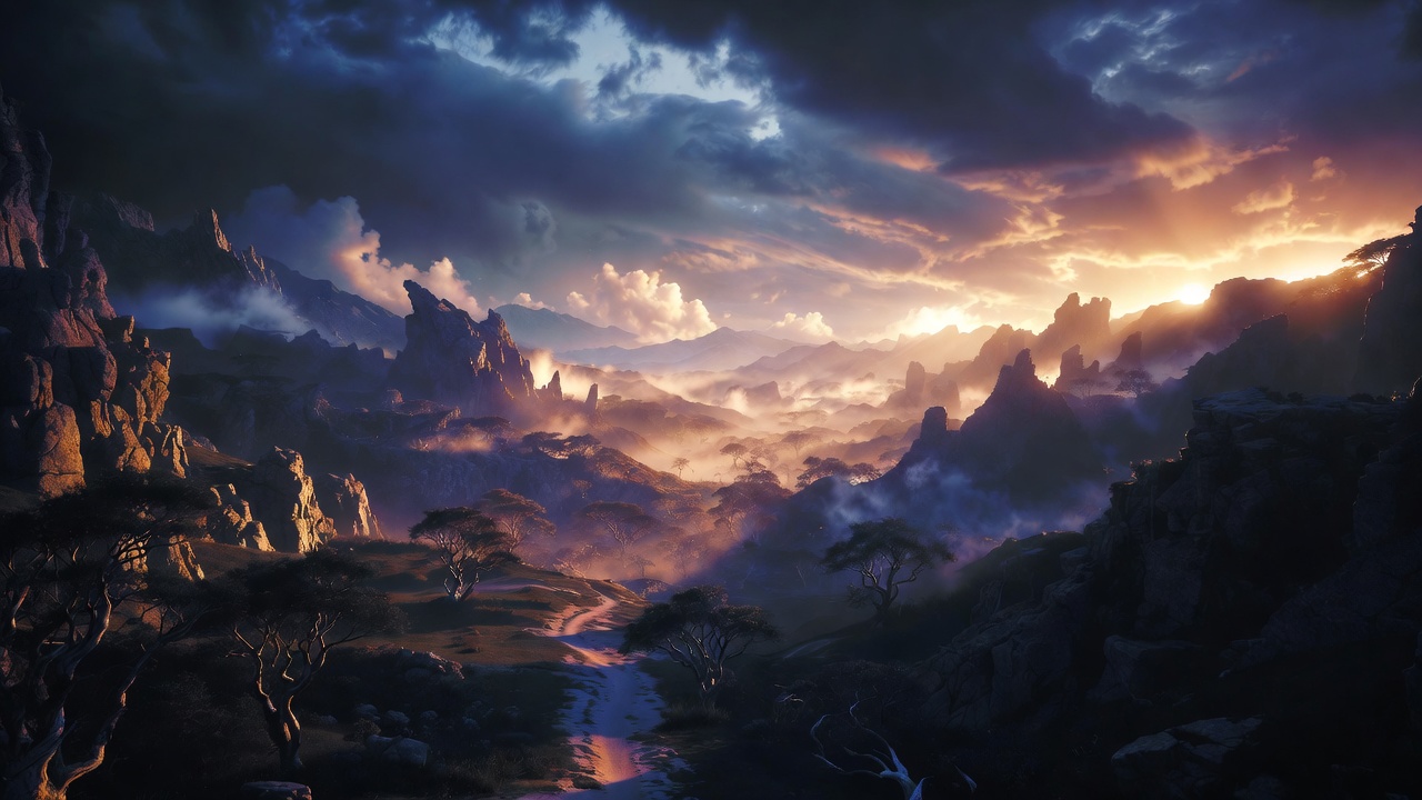 Example of Midjourney V7 generating a cinematic fantasy landscape with dramatic lighting and rich color grading