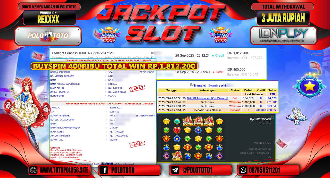 POLOTOTO JACKPOT SLOT STARLIGHT PRINCESS 1000 Rp.3.000.000,- LUNAS