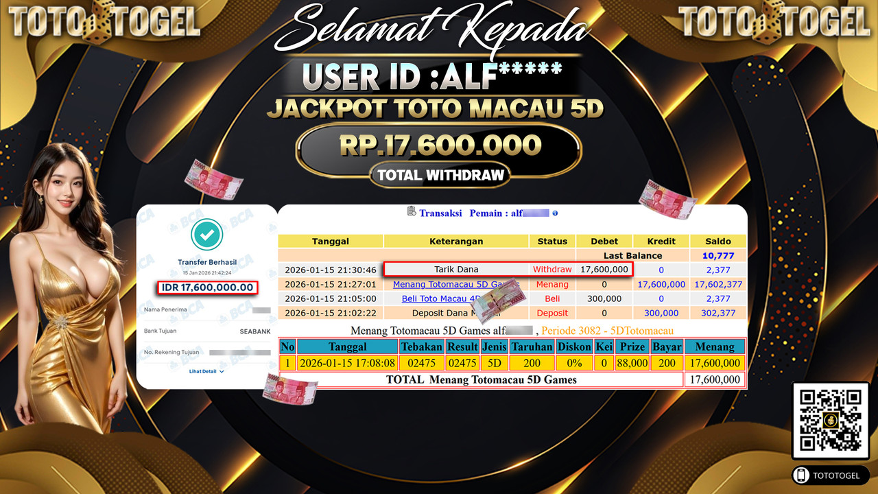 Bukti Pembayaran Jackpot Permainan Togel Toto Macau 5D ID:ALF*****LUNAS