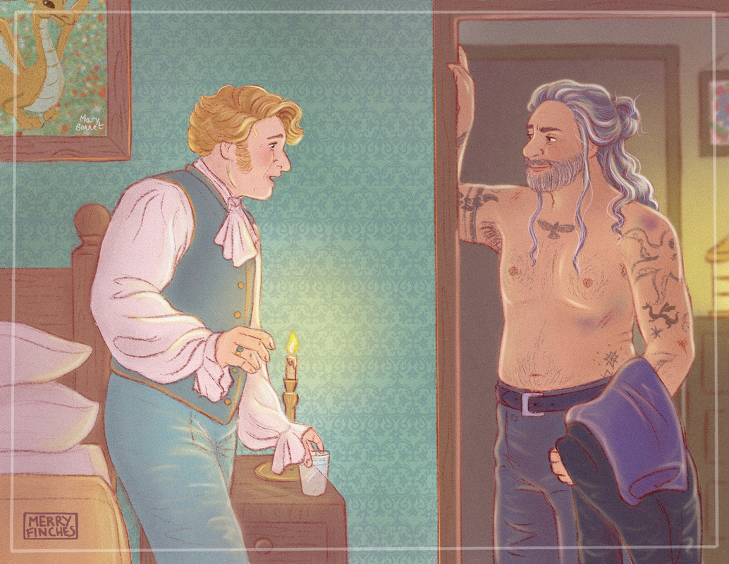 Ed stands, shirtless, in the doorway of the guest room, with a cheeky smirk on his face. Stede is blushing, mouth agape, as he places a glass of water on the nightstand.