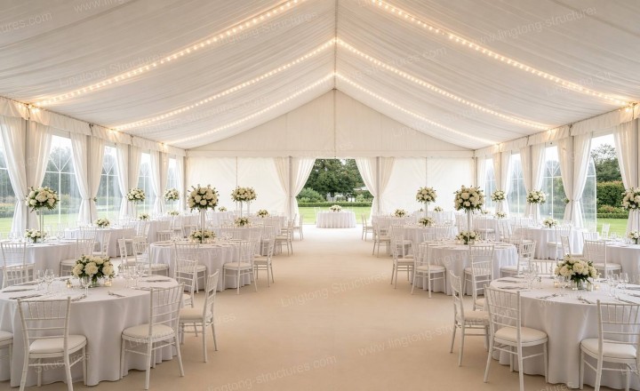 Interior of wedding tent main banquet hall at Virginia Park Lodge