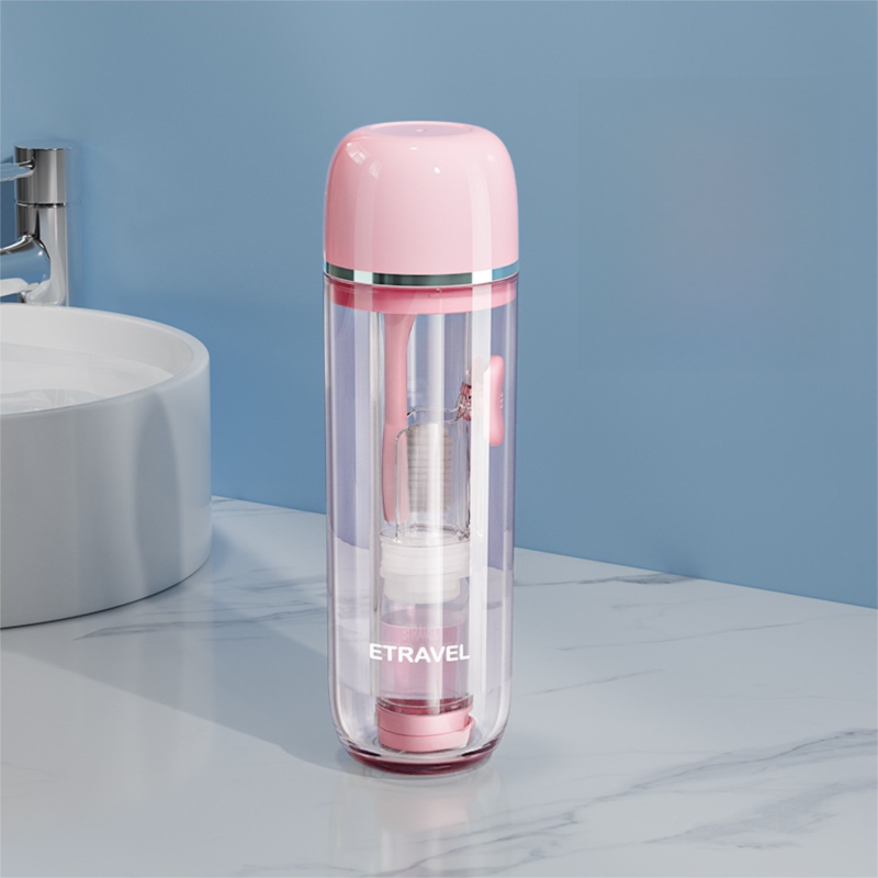 Pink Portable 2-in-1 Travel Toothbrush/Toothpaste Organizer & Mouthwash Cup - Lightweight and Durable Crystal Clear PC Material