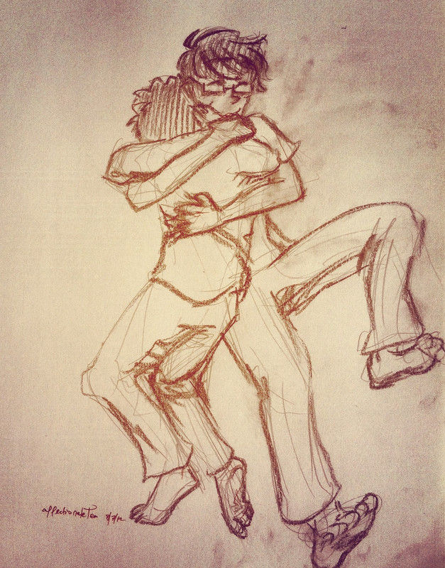 sketch of johnkat hugging in warm tones.