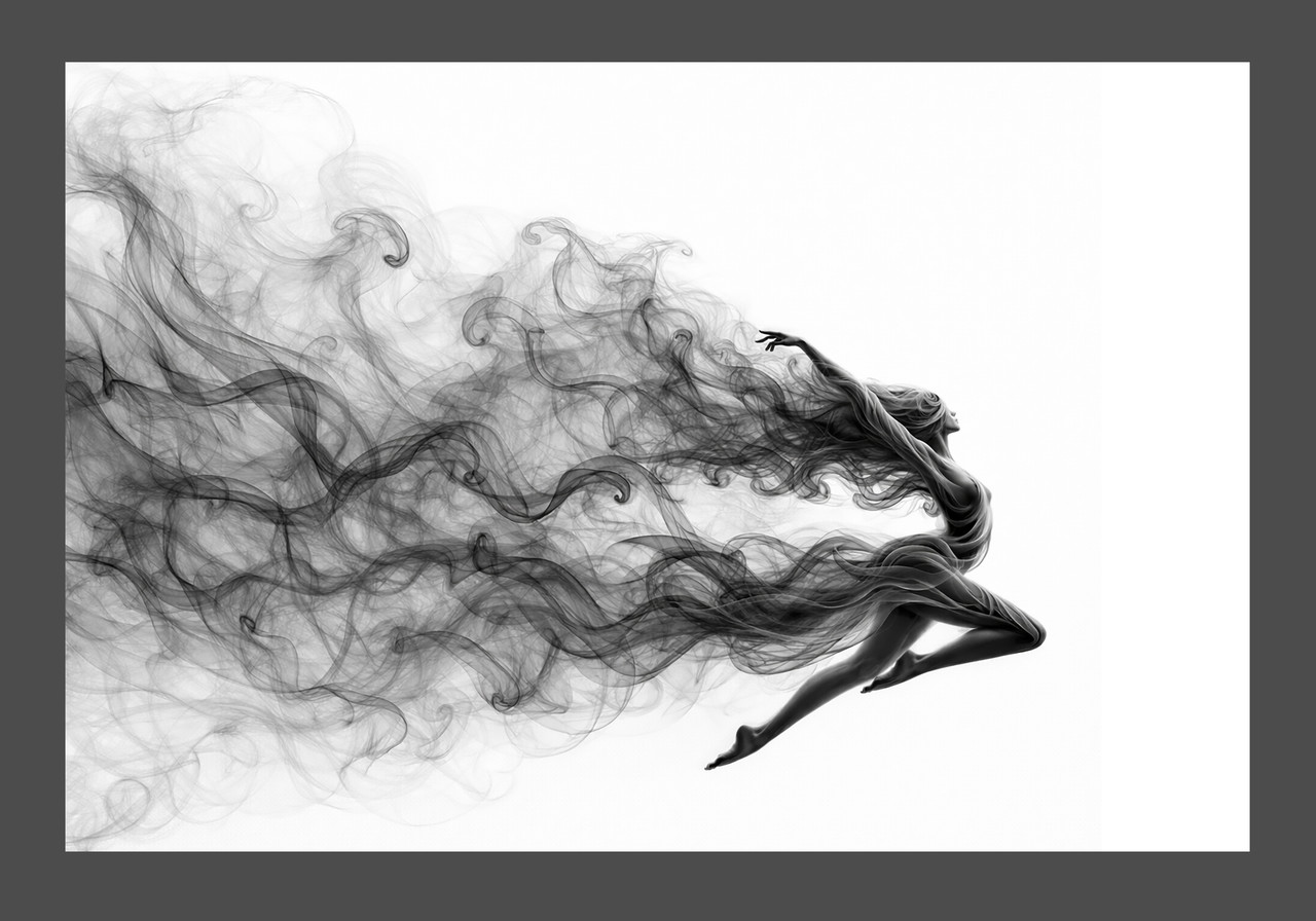 Sexy woman flying through smoke pic