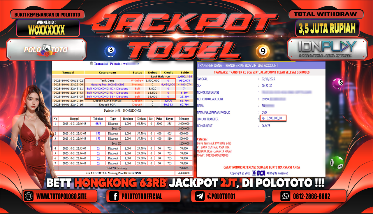 POLOTOTO JACKPOT TOGEL HONGKONG LOTTO Rp.3.500.000,- LUNAS