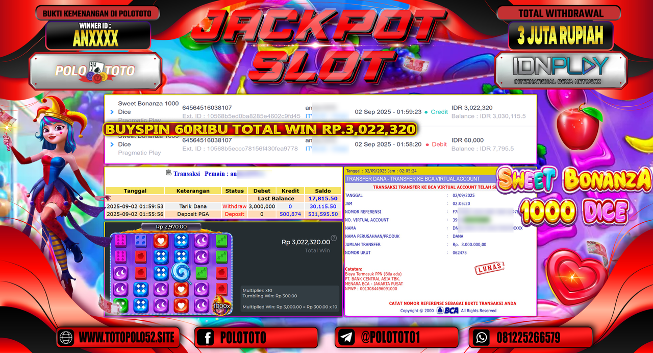 POLOTOTO JACKPOT SLOT SWEET BONANZA 1000 DICE Rp.3.000.000,-