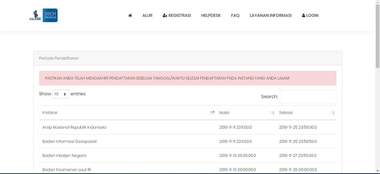 Kolom pencarian jadwal penutupan pendaftaran CPNS 2019 (Tangkapan Layar sscn.bkn.go.id)