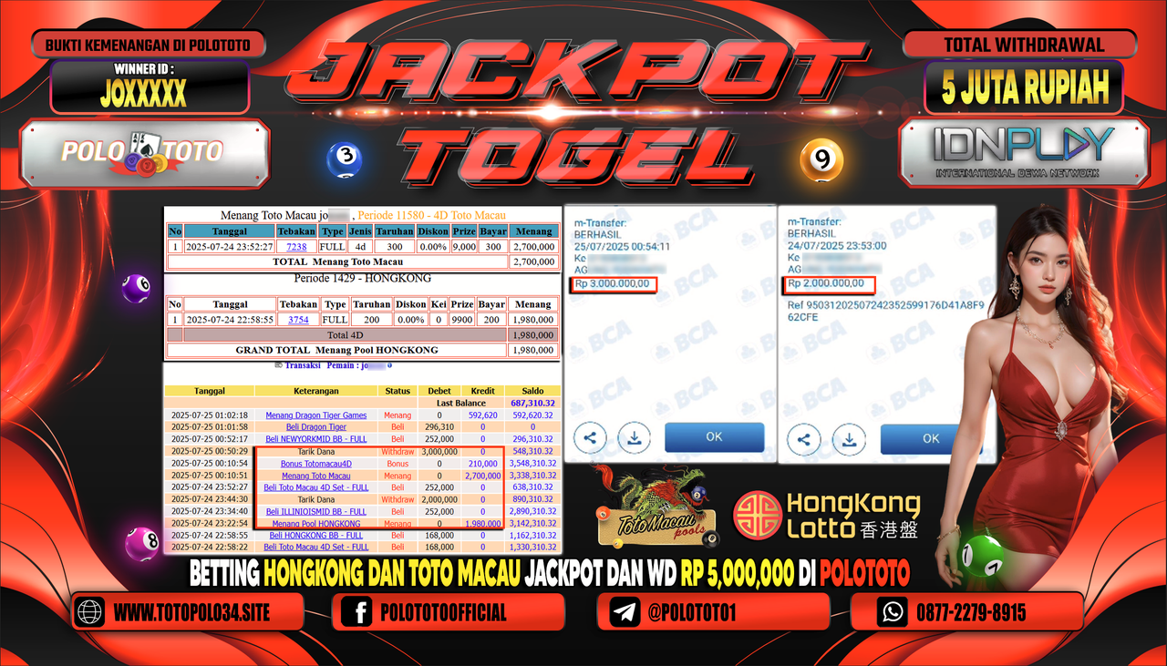 POLOTOTO JACKPOT TOGEL TOTO MACAU DAN TOGEL HONGKONG LOTTO Rp.5.000.000,- LUNAS