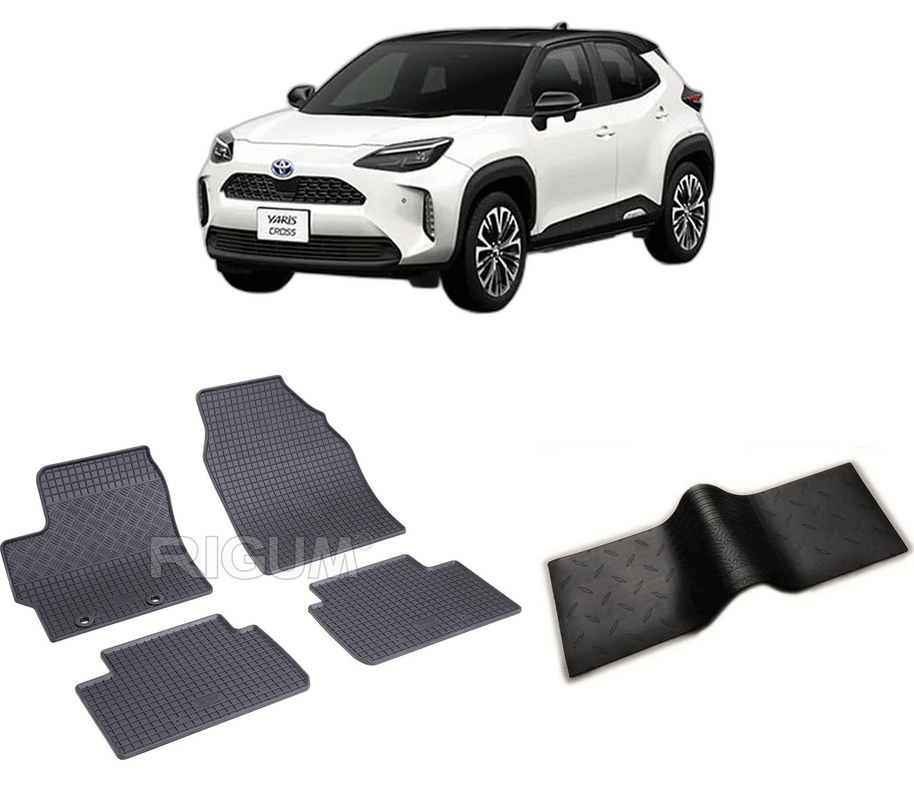 Set covorase auto TOYOTA YARIS CROSS din 09.2021-PREZENT, cu covoras tunel median, CAROSERIE SUV, Presuri cauciuc 100%, compatibil cu autoturismul TOYOTA YARIS CROSS, Rigum