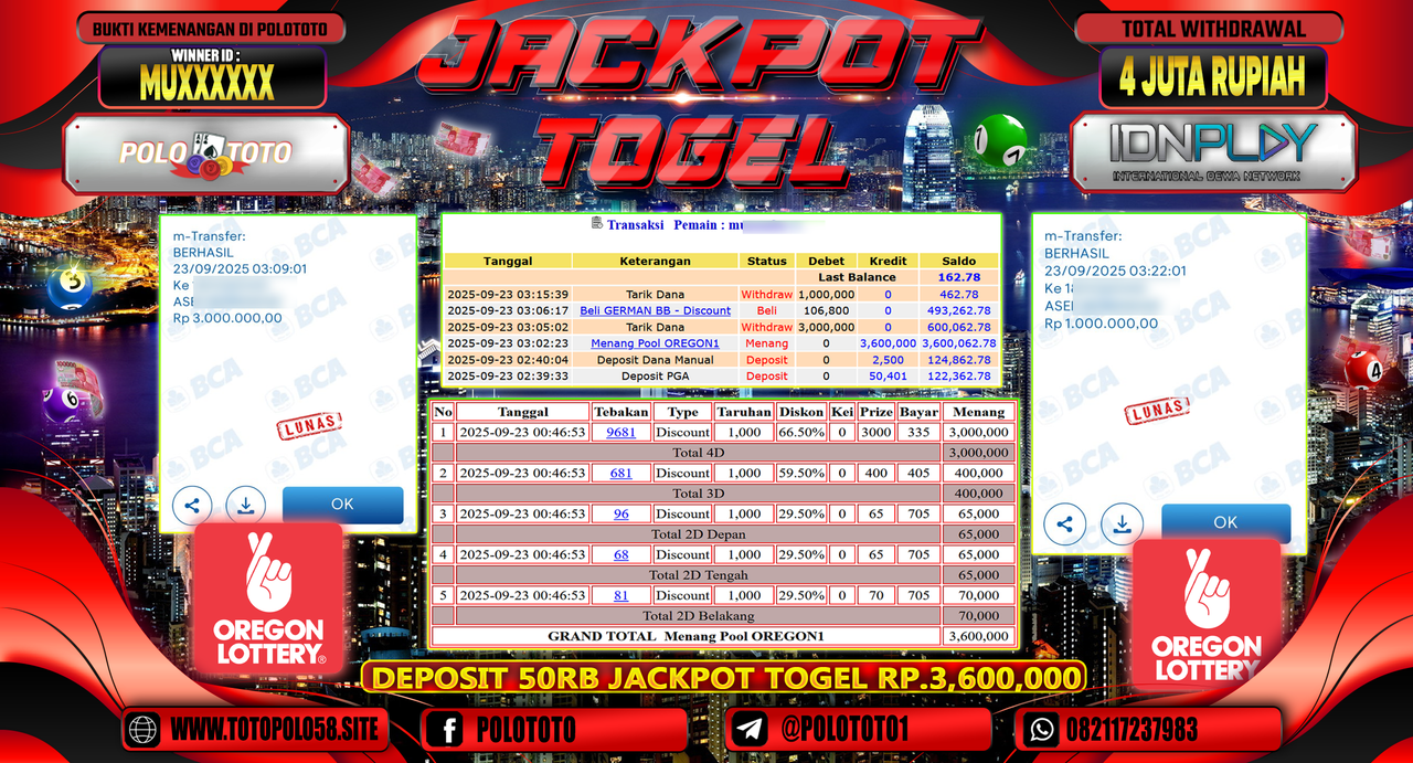 POLOTOTO JACKPOT TOGEL POOL OREGON 1 Rp.4.000.000,-