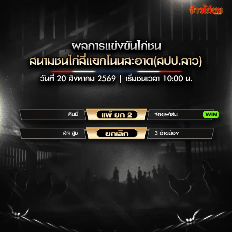 สรุปผลไก่ชน สี่แยกโนนสะอาด 20 สิงหาคม 2569 ผลการแข่งขันครบ 2 คู่