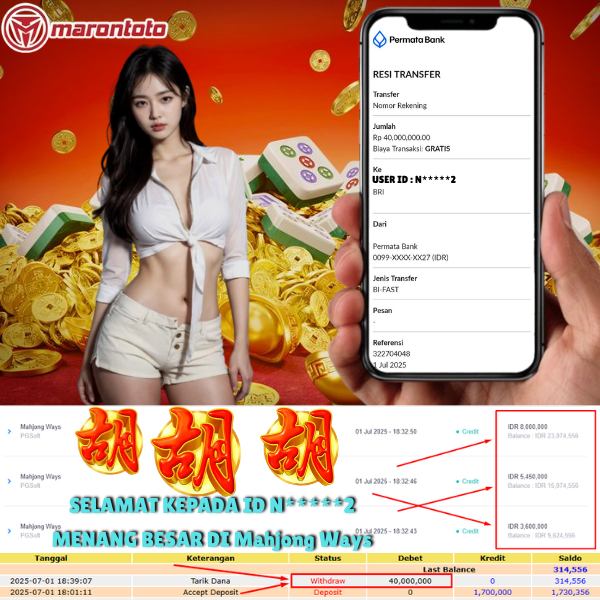 Bukti Kemenangan Member Marontoto Sebesar 40,000,000 JuTa