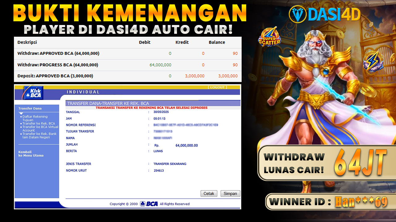 BUKTI KEMENANGAN 30 MEI 2025 DI GATES OF OLYMPUS SUPER SCATTER WD 64 JUTA