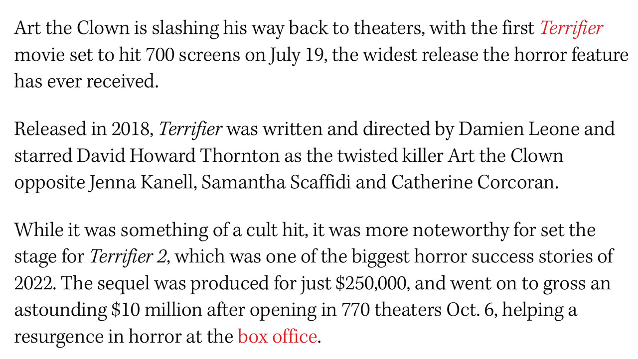 Terrifier Movie Returning to Theaters in July 2023 – The Hollywood