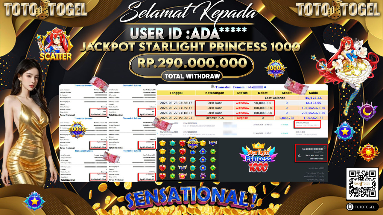 Bukti Pembayaran Jackpot Permainan Slot Starlight Princess 1000 ID:ADA*****LUNAS