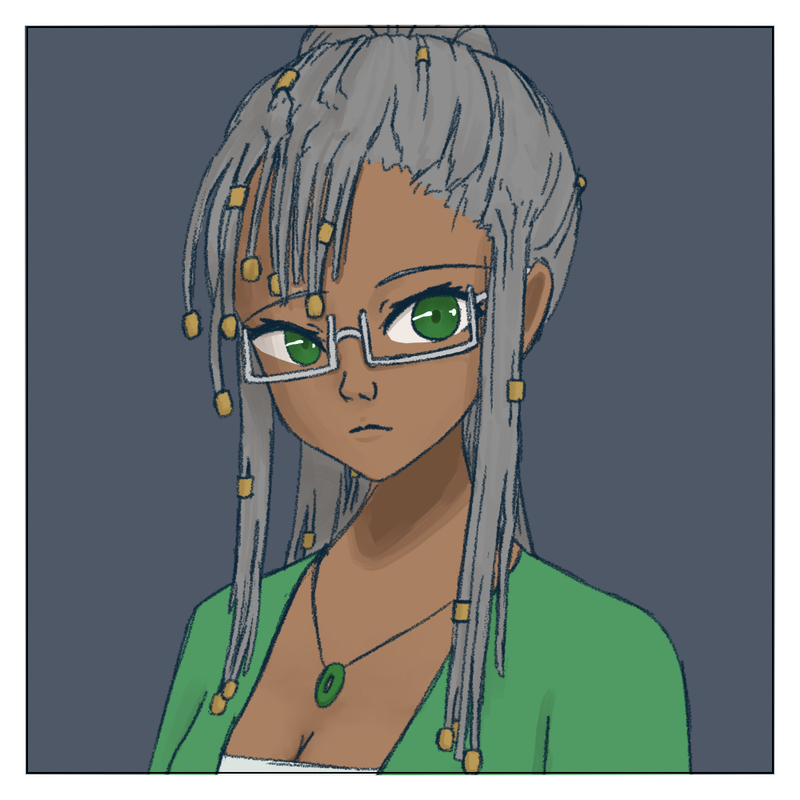 A digital drawing of Torai from the shoulders up. Torai has a 
    darker skin tone and wears glasses over slightly-pointed green eyes. She wears her silver hair in box braids, tied in a ponytail and 
    decorated with gold beads. She wears a jade pendant shaped like a small donut, a low-cut white shirt, and a green jacket.