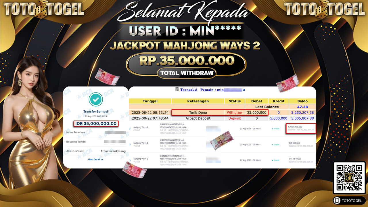 Bukti Pembayaran Jackpot Permainan Slot Mahjong Ways 2 ID:MIN***** LUNAS