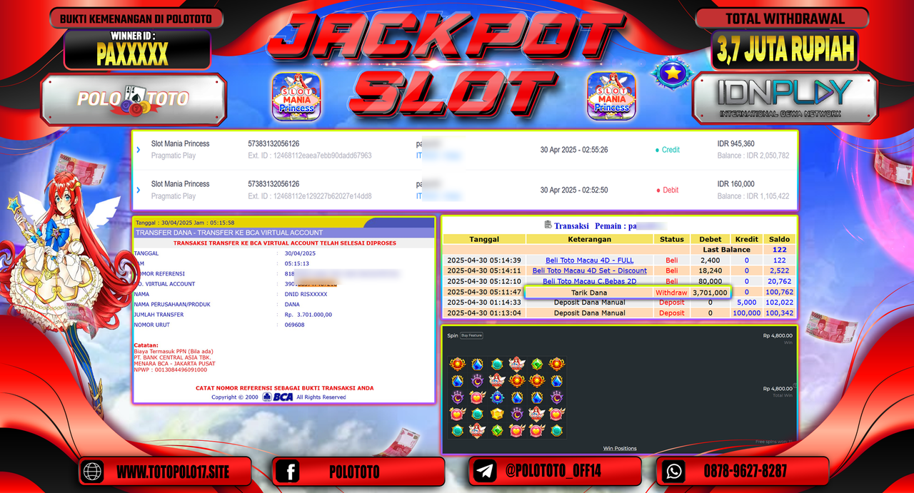 POLOTOTO JACKPOT SLOT MANIA PRINCESS Rp.3.701.000,-