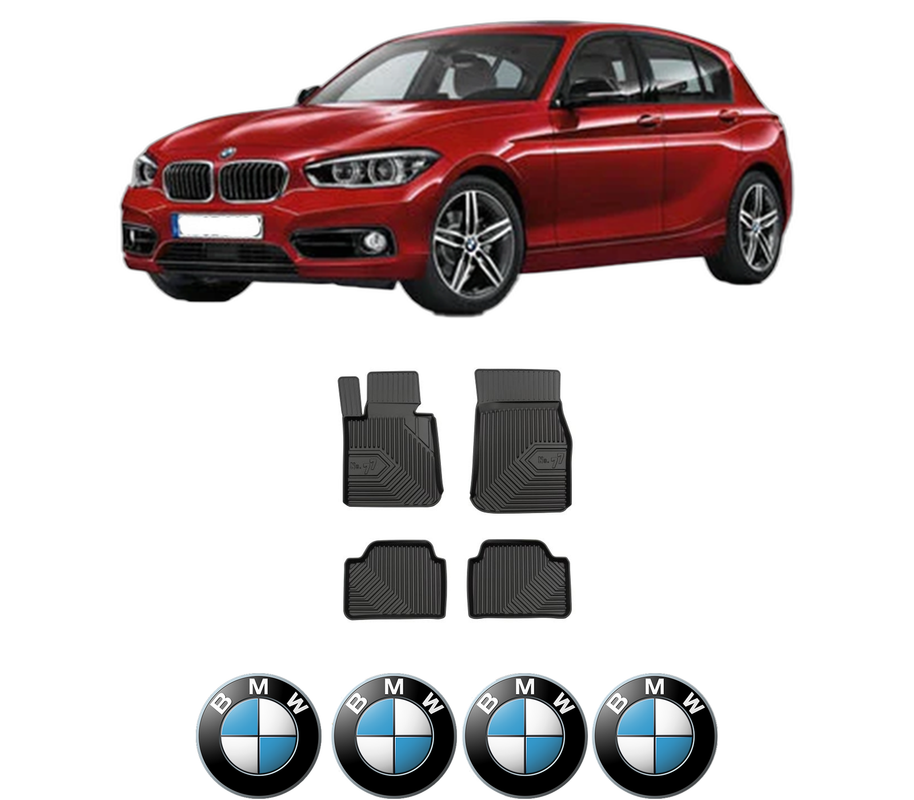 Set covorase presuri BMW Seria 1 (F20) din 2011-2019, auto, din cauciuc thermoplastic, 4 Stickere auto cu BMW Seria