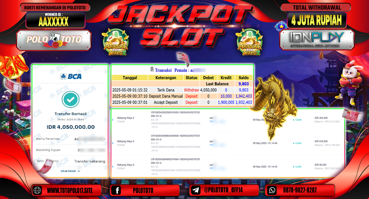POLOTOTO JACKPOT SLOT MAHJONG WAYS 2 Rp.4.050.000,-