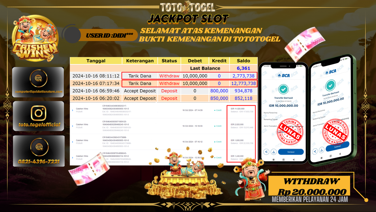 Bukti Kemenangan Permainan  Slot Caishen Wins  ID : DIDI*** Terbayar Lunas!!