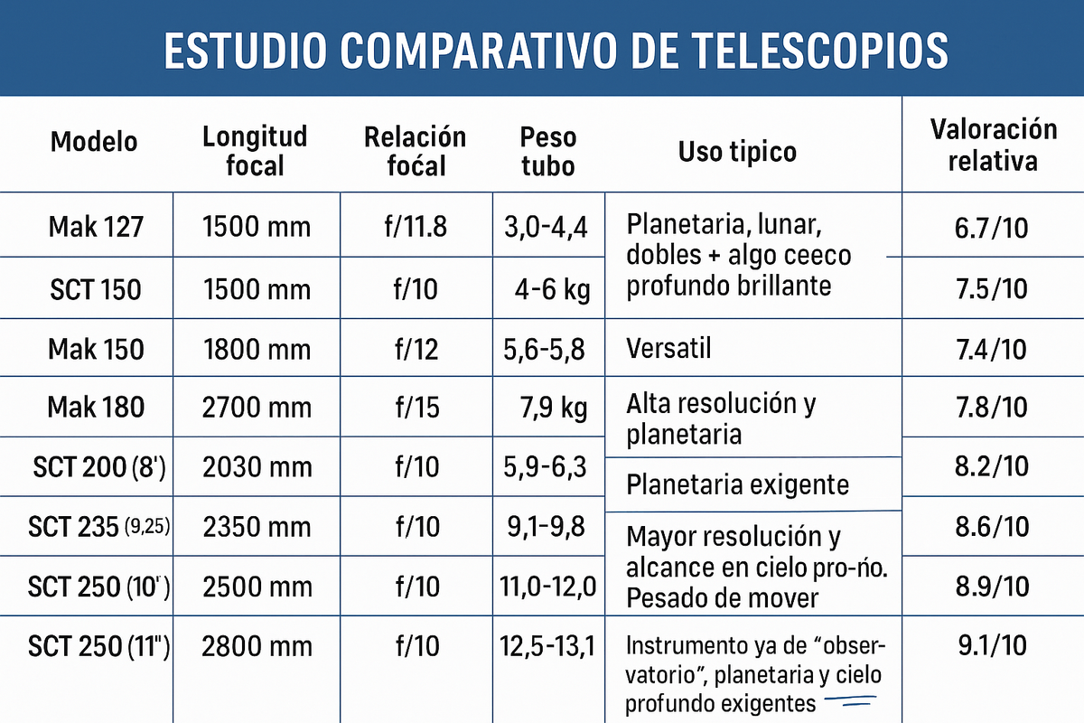 tabla comparativa de varios tipos de OTA Mak y SCT 