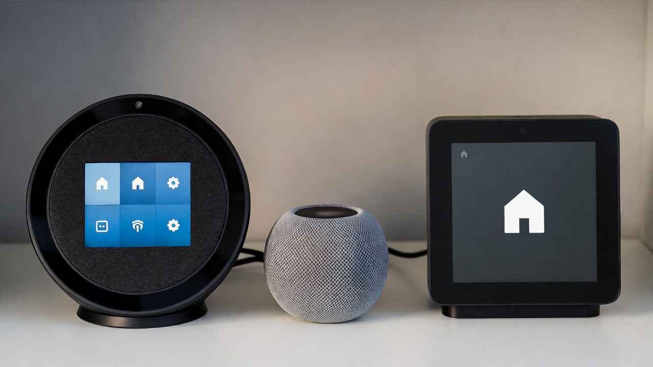 Side by side comparison of Amazon Echo Hub, Apple HomePod mini, and SmartThings Station for smart home use